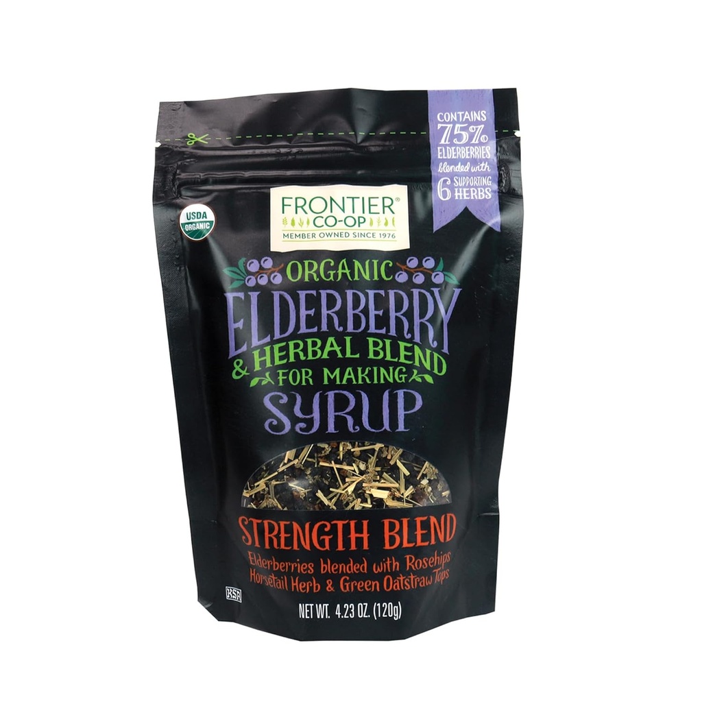 Frontier Co- op Organic Elderberry, 4.23 Ounce Bag CUR 124; Sušené bezinky pro přípravu sirupu 124; Kosher CUR 124; Perfect for Tea and Herbal Blends