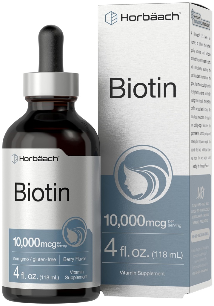 Horbäach Biotin Liquid Drops 10000mcg OF 124; 4 fl oz OZ 124; Berry Flavor OF 124; Vegetarian, Non- GMO & gluten Free Supplementary