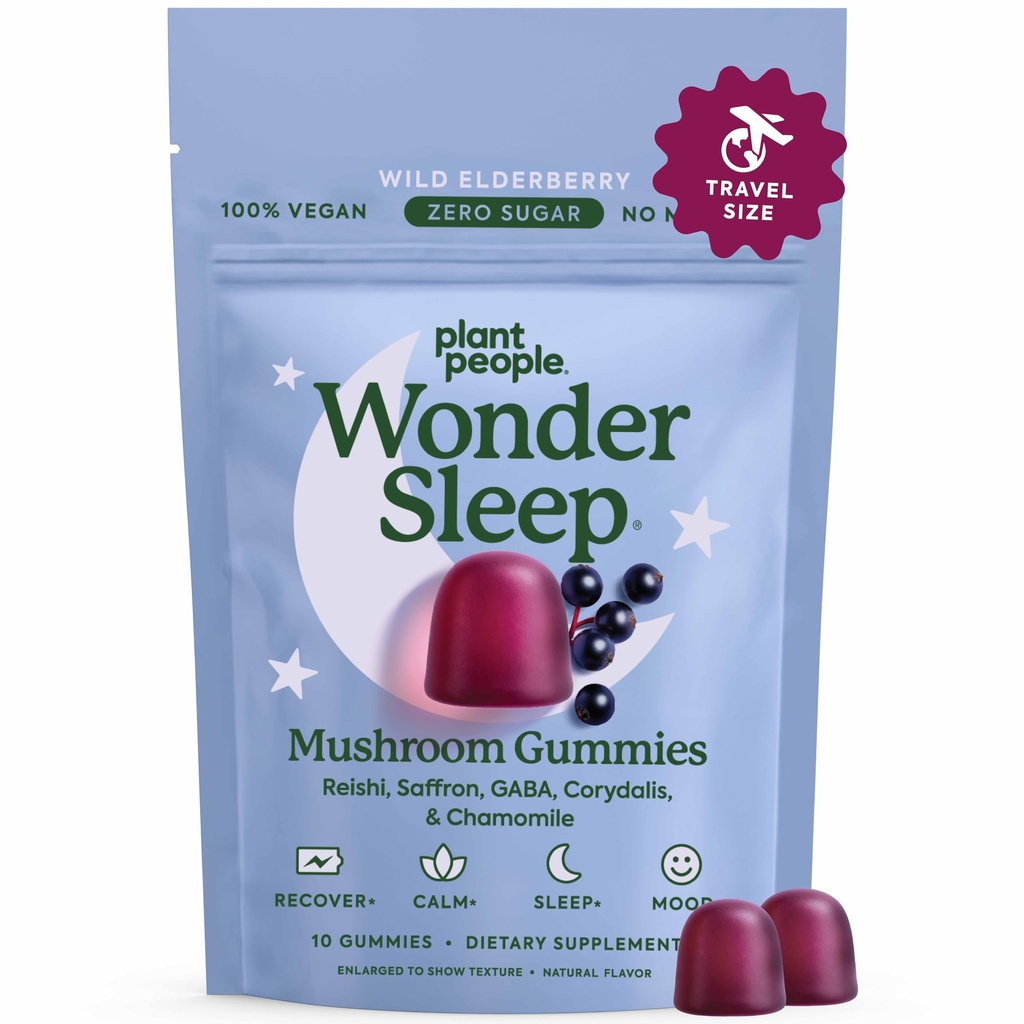 Plant Lidé WonderSleep Houby Gummea Dodatek Mini s Reishi Super Houby, Saffron, Wild Elderberry Flavor Žádný cukr Vegan- Friendly & gluten- Free Trial Velikost