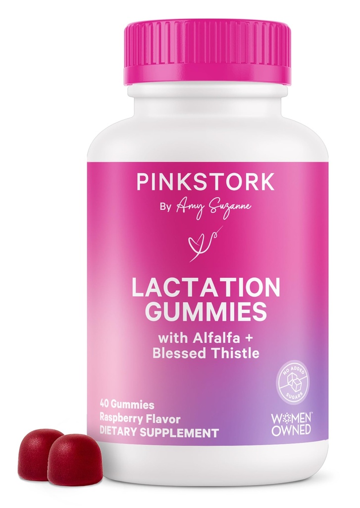 Pink Stork Lactation Doplněk Gummies - Podpora dojení prsu s mléčným thistle, Alfalfa, Vitamin D, a B12, Postpartum Recovery, Kojení Essentials - Malina, 40 Počet