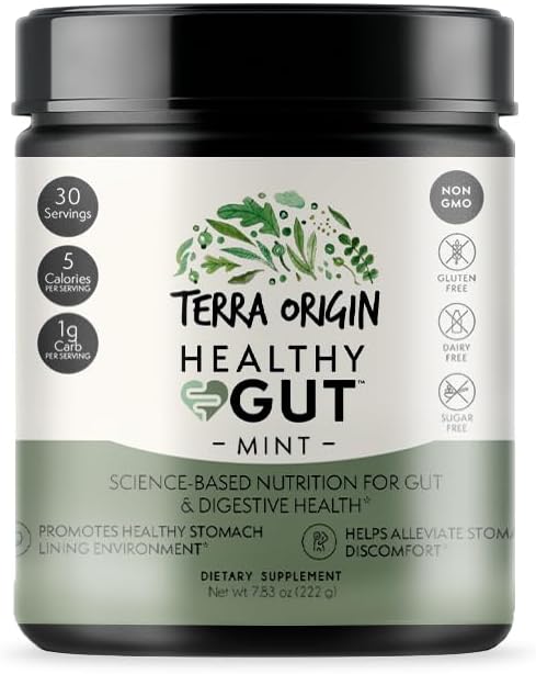 TERRA ORIGIN Zdravý Gut Mint Flavor 124; 30-Servings with L-glutamin, Zinek, Glucosamine, Slippery Elm Bark, Marshmallow Root and More!