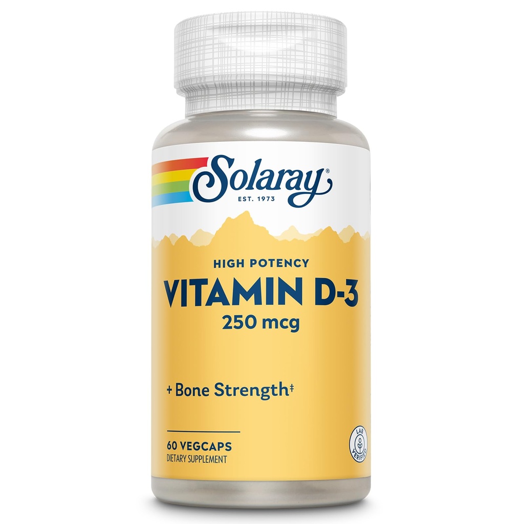 SOLARAY Vitamin D3 10000IU (250 mcg) - Vysoce potentní vitamin D - s VIT D3 jako cholekalciferol - Dodatek pro silnou kostru a imunitní podporu - 60denní záruka, 60 porcí, 60 VegCaps