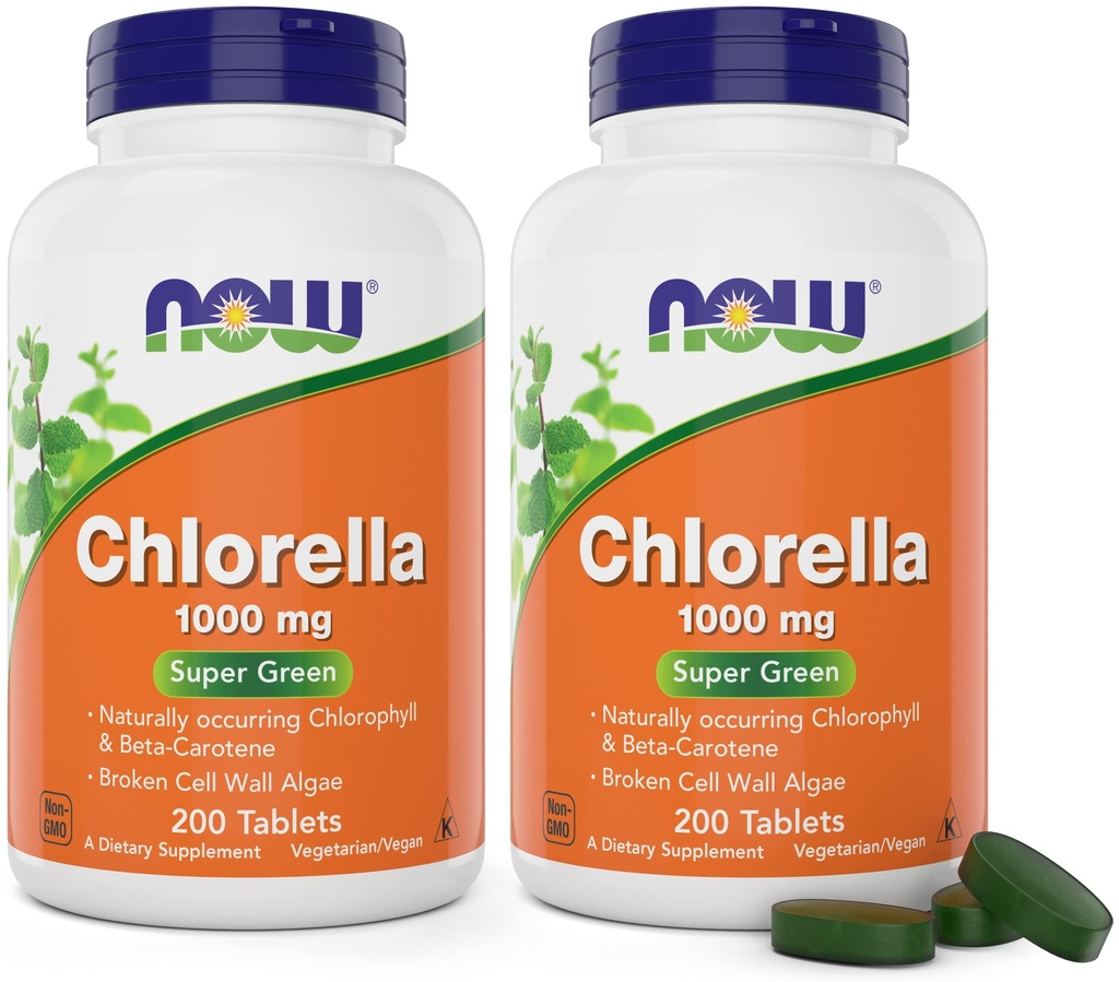 Nyní Chlorella 1000mg Tablety - 200 Počet (Balení 2) - Přírodní Occurring Chlorofyl, Beta- karoten - Non- GMO, Vegan - Zelený Super doplněk stravy pro ženy a muže