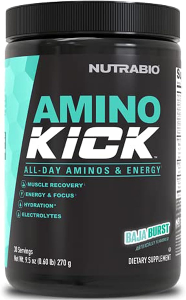 NutraBio Amino Kick - BCAA Powder with Natural Caffeine - Amino Acids Supplement for Energy, Hydration & Recovery - BCAA, Electrolytes & Amino Acids - Baja Burst, 30 Servings
