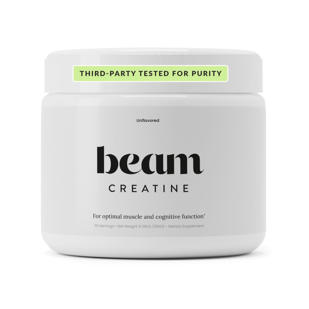 Beam Creatin Monohydrát Prášek - 5g Mikronizované Creatine Monohydrát, Třetí strana Testované Creatine pro ženy a muže, Svalová síla, Růst, Zotavení a kognitivní podpora, Neochucené, 30 Služebnictví