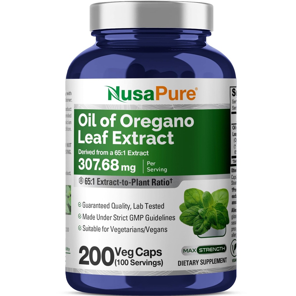 NusaPure Oregano Oil Extract 20000mg Oil 124; 200 Veggie Powder Kapsle 124; Přirozeně Occurring Carvacrol Oil 124; Non- GMO a Extract 65: 1