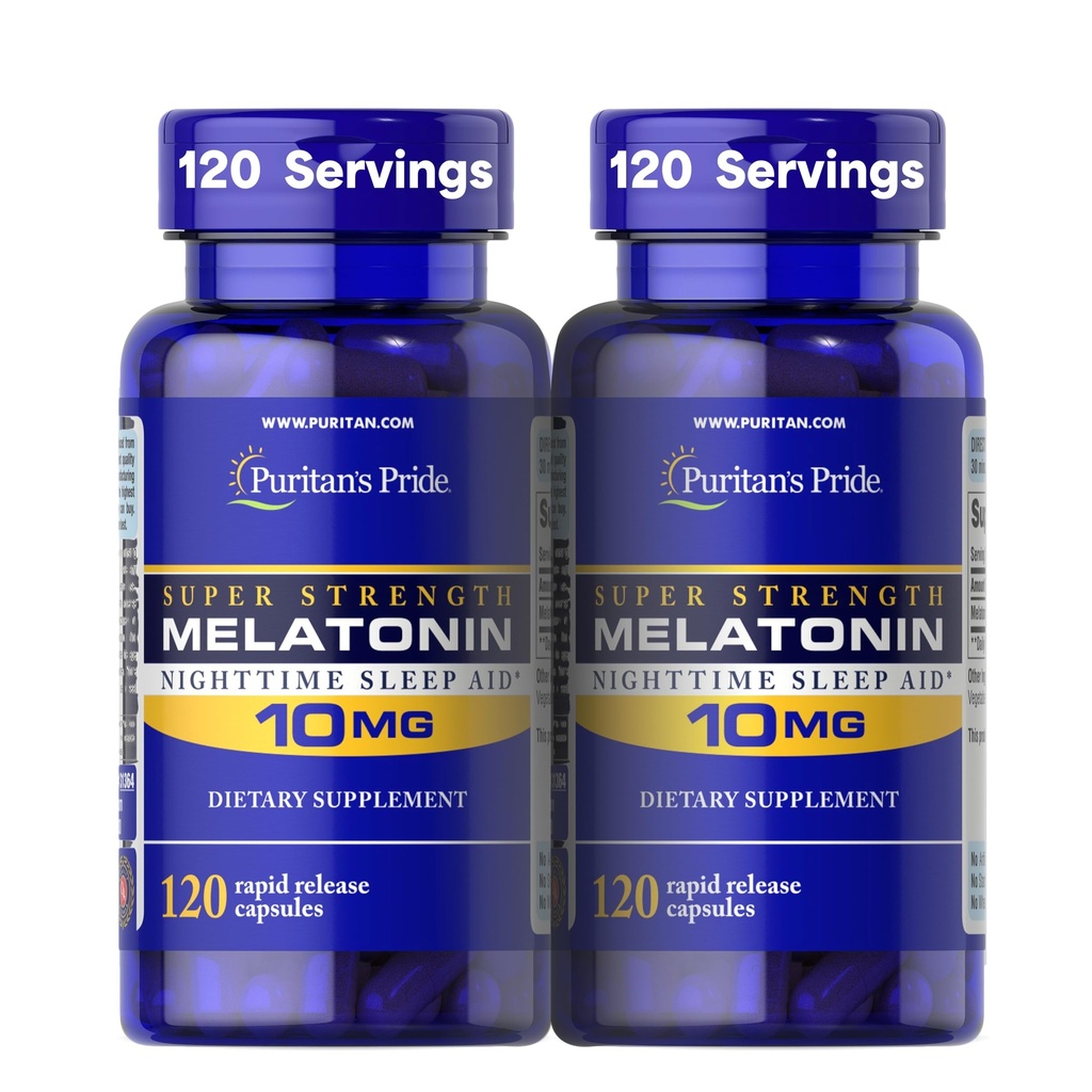 Puritan je Pride Premium Super síla melatonin 10mg Sleep Aid, Dietní dodatek pro zvuk, Restful, & Delší spánková podpora, 4 měsíce Dodávka, 120 Rychlé uvolnění kapsle, 2 balení (Balení květen Vary)