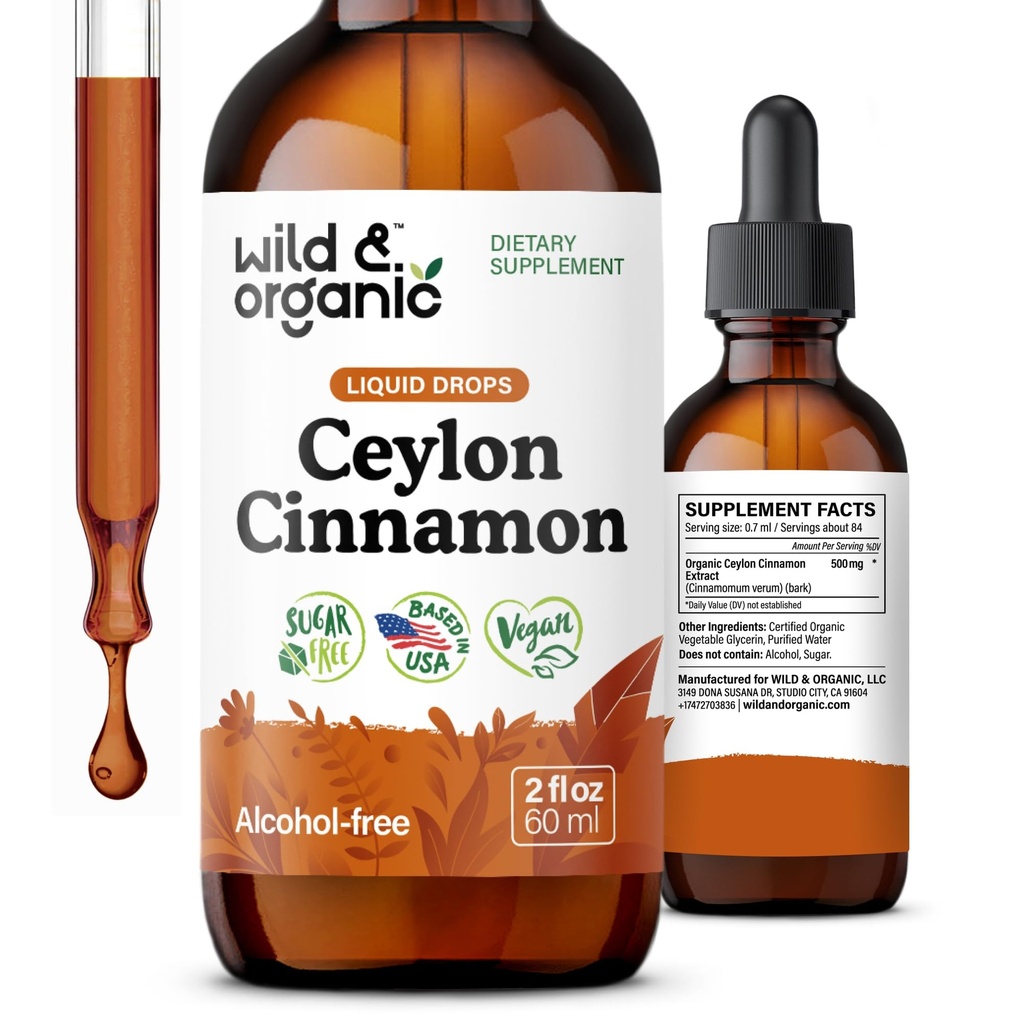 Wild & Organic Ceylon Skořice Extract Liquid Drops 500mg - Tekuté Skořice Doplňky pro celkovou podporu - Cinnamomum Verum Bark Tincture - Vegan, Cukr & Alcohol- Free, Non- GMO - 2 fl oz