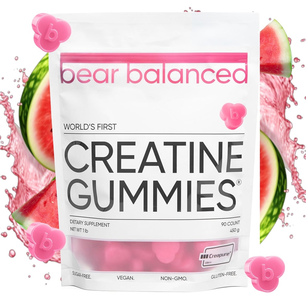 Medvědí vyvažované gumičky pro muže a ženy - Creapure ® Creatine Monohydrát, L-Theanin, L-Tyrosin & B12 pro růst svalů, síla, zaměření, energie a zdraví - Nízká kalorie, Sugar- Free, & Vegan