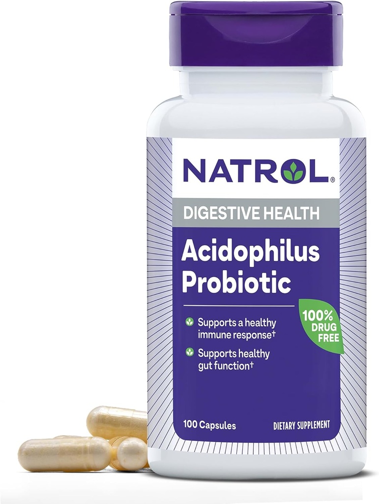 Natrol Acidophilus Probiotic 100 mg, dodatek stravy pro zdravou Gut Function, Hudební zdravotní kapsle pro dospělé, 100 Kapsle, Až 33 denní zásobování