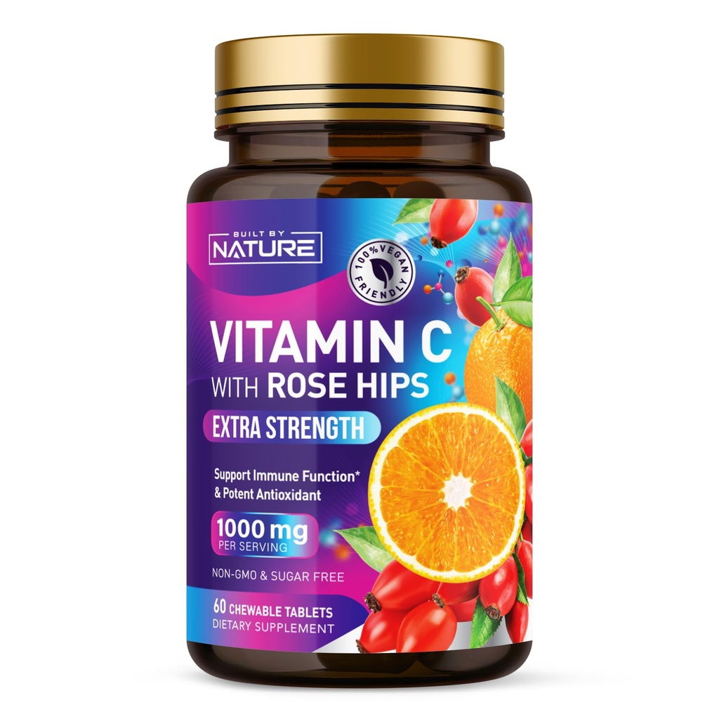 Postaven přírodou Žvýkací vitamín C s Rose HIPS - 1000mg doplněk imunitní podpory - Non- GMO, gluten- Free, Vegan - Výkonný antioxidant pro energii a kolagen Boost - Orange Flavor - 60 Tablety