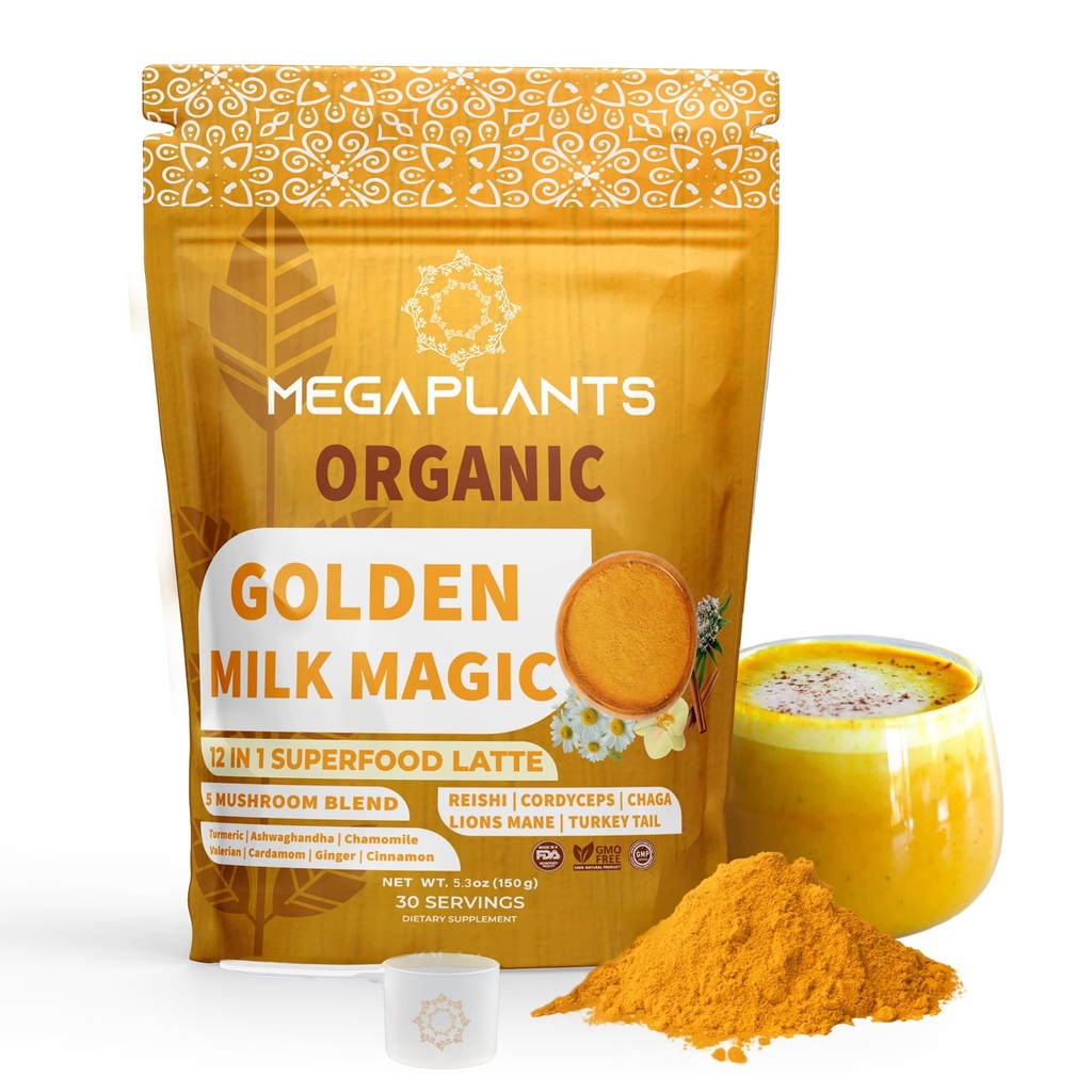 Golden Milk Magic (50 Služeb) 124; Superfood 5 Houbová směs pro spánek, Relaxace, Relaxace 124; Turmeric, Ashwaghanda, Valerian, Heřmánek + 5 Houbová směs 124; Smoothie, Hot Behavirage