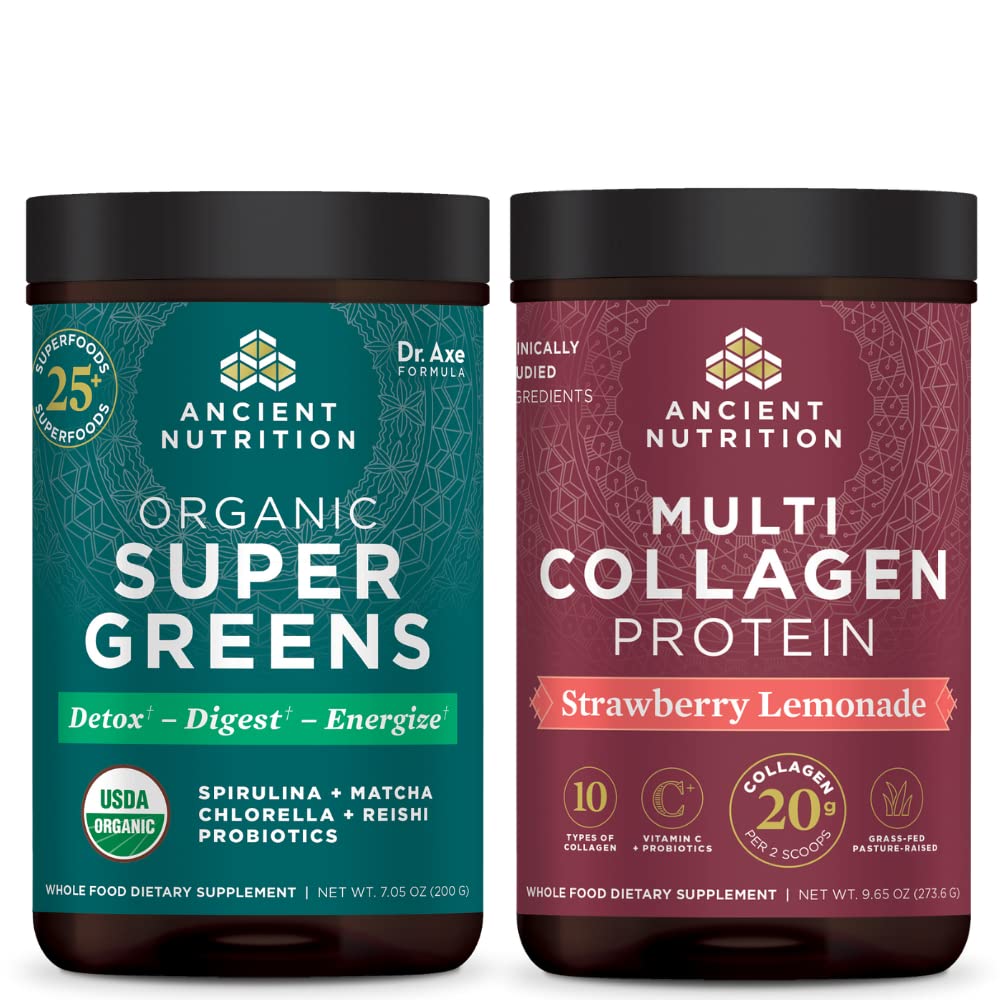 Starověké nutriční organické Supergreens Powder, Green Flavor, 25 Servings + Multi Collagen Protein Powder, Strawberry Lemonade, 24 Servings