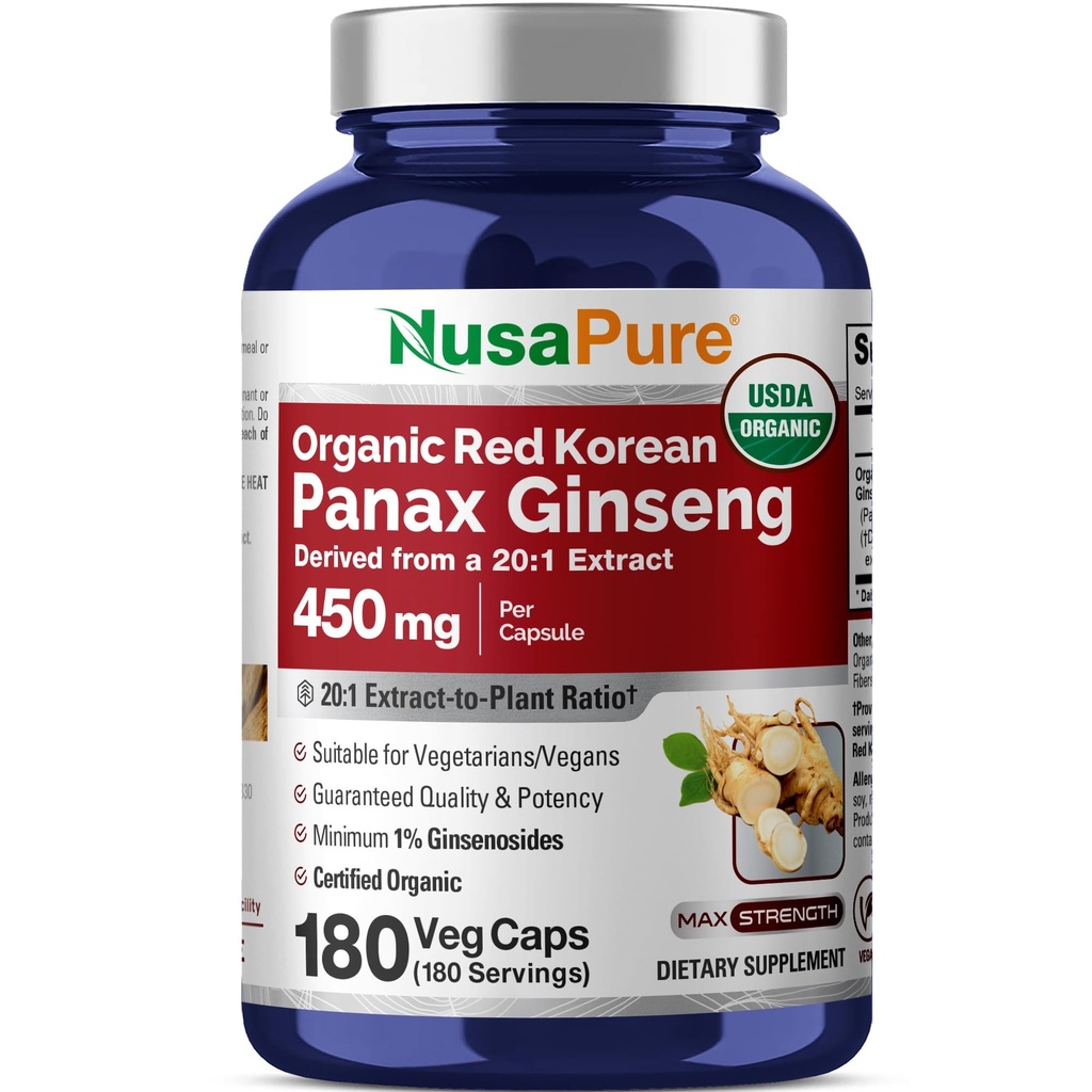 NusaPure Red Korean Panax Ginseng 20: 1 Extract, 450 mg Ekvivalentní s 9 000 mg 180 Veggie Caps (USDA Organic, Non- GMO, Vegan, Vegetarian, Bioperin)