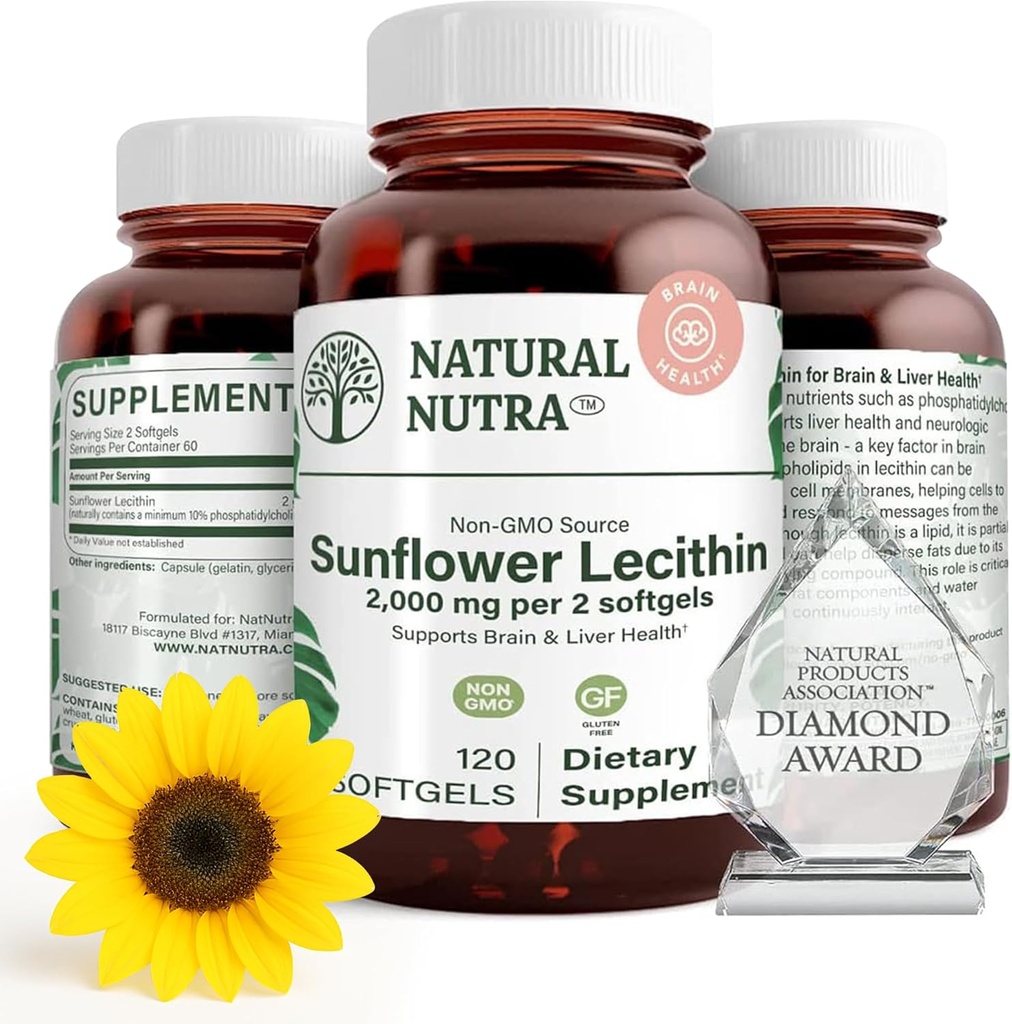 Natural Nutra Sunflower Lecithin 2000 mg dodatek, podporuje Kojení Moms s plugged Mléko Duct Relief, Játra & Brain Health Booster, Soy Free, Non- GMO, gluten- Free, 120 Softgels (3 balení)