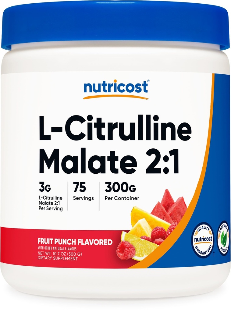 Nutricost L-Citrulline Malate 2: 1 (300g) Ovocný punč - Podpora cvičení, Svalová výkonnost, Oxid dusičný Booster - Fitness Supplement Powder, 75 Služeb