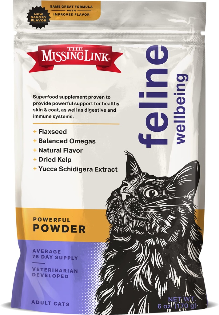 Pohřešovaný odkaz Feline Superfood dodatek Powder 6oz Bag, veteránský zpracovaný, vyvážená Omega 3 & 6 pro zdravou pleť & Coat, Digestion, imunita a celkové zdraví koček