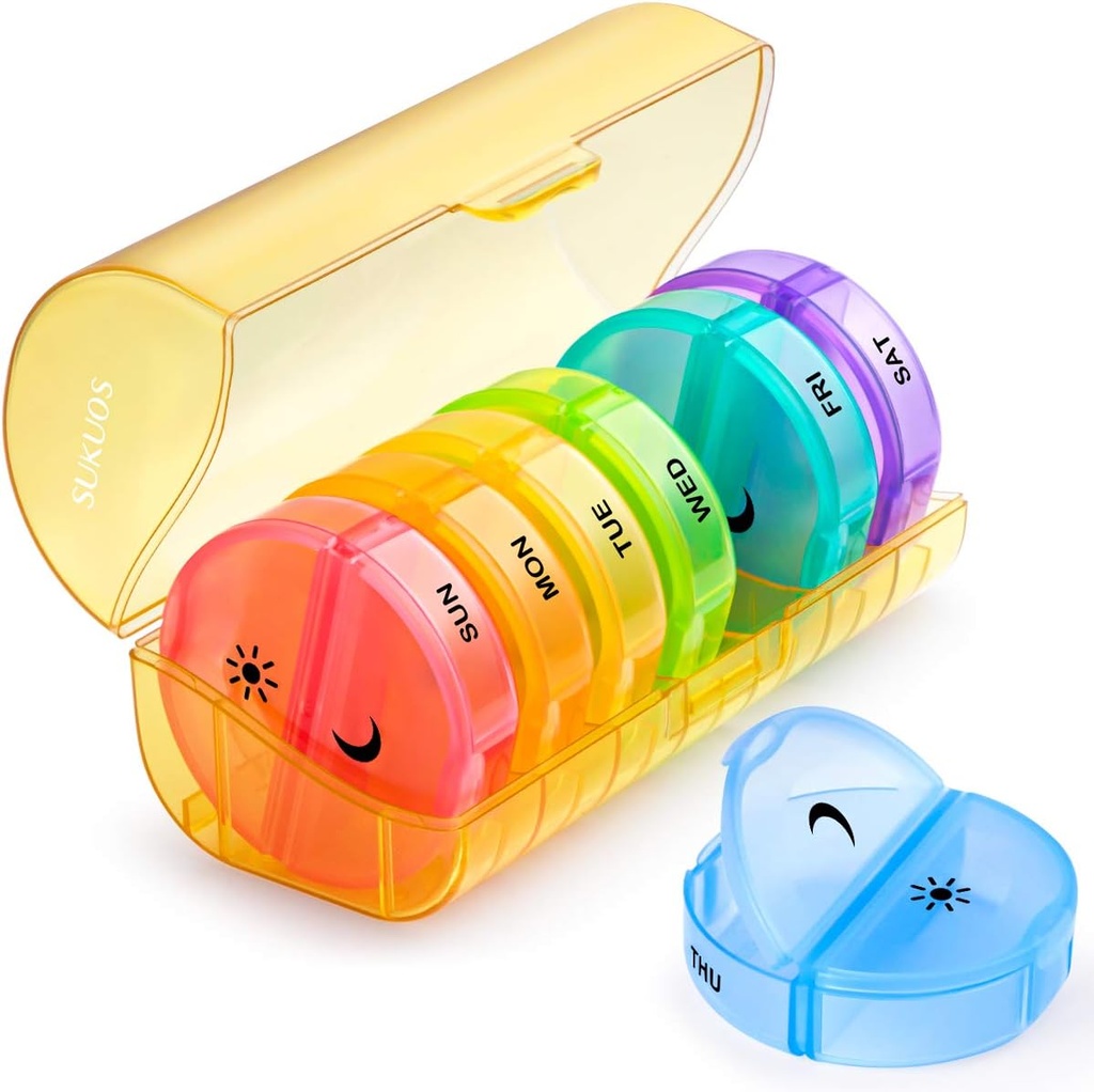 Sukuos Large Weekly Pill Organizer 2 krát denně, Daily Pill Box 7 Day Easy to Open with Double Protection, AM PM Pill Case for Medicine / Vitamin / Fish Oil / Supplementary (Yellow)