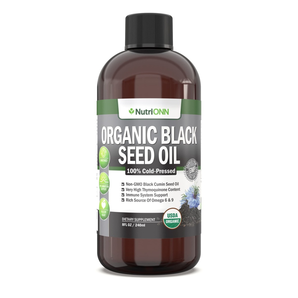 Organický černý olej z semene - USDA Certified Organic Black Cumin Oil Liquid - High Thymoquinon Content - Non- GMO and Cold- Pressed - Rich Source of Omega-6 & Omega-9 Fatty Acids - 8 Oz