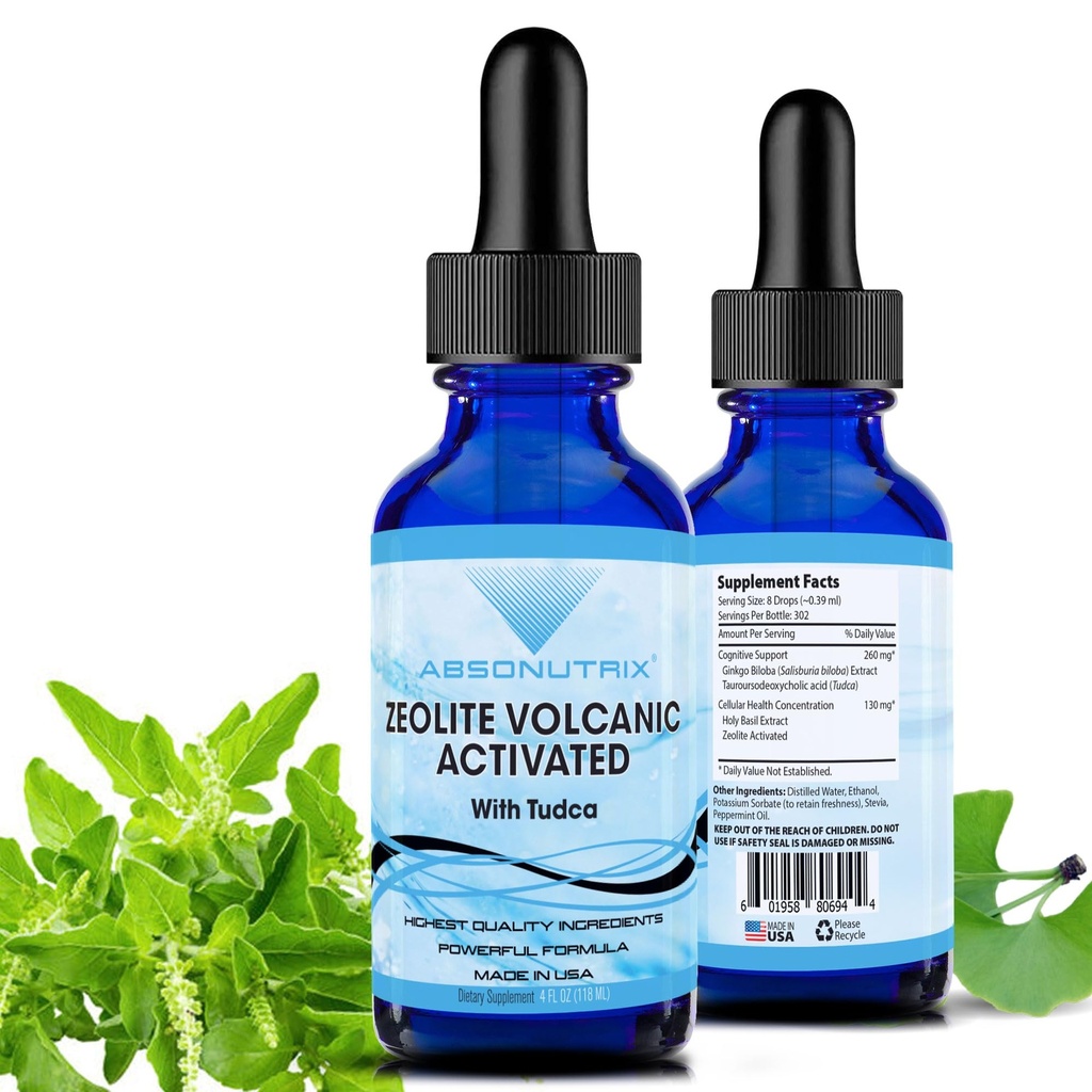 Absonutrix Zeolite Volcanic Activated with Tudca Advanced Formule 390 mg, 4 Oz Liquid, 302 Servings, Made in USA, Quick Absorpce, Non- GMO, GMP Certified Facility, Cruelty-Free Products