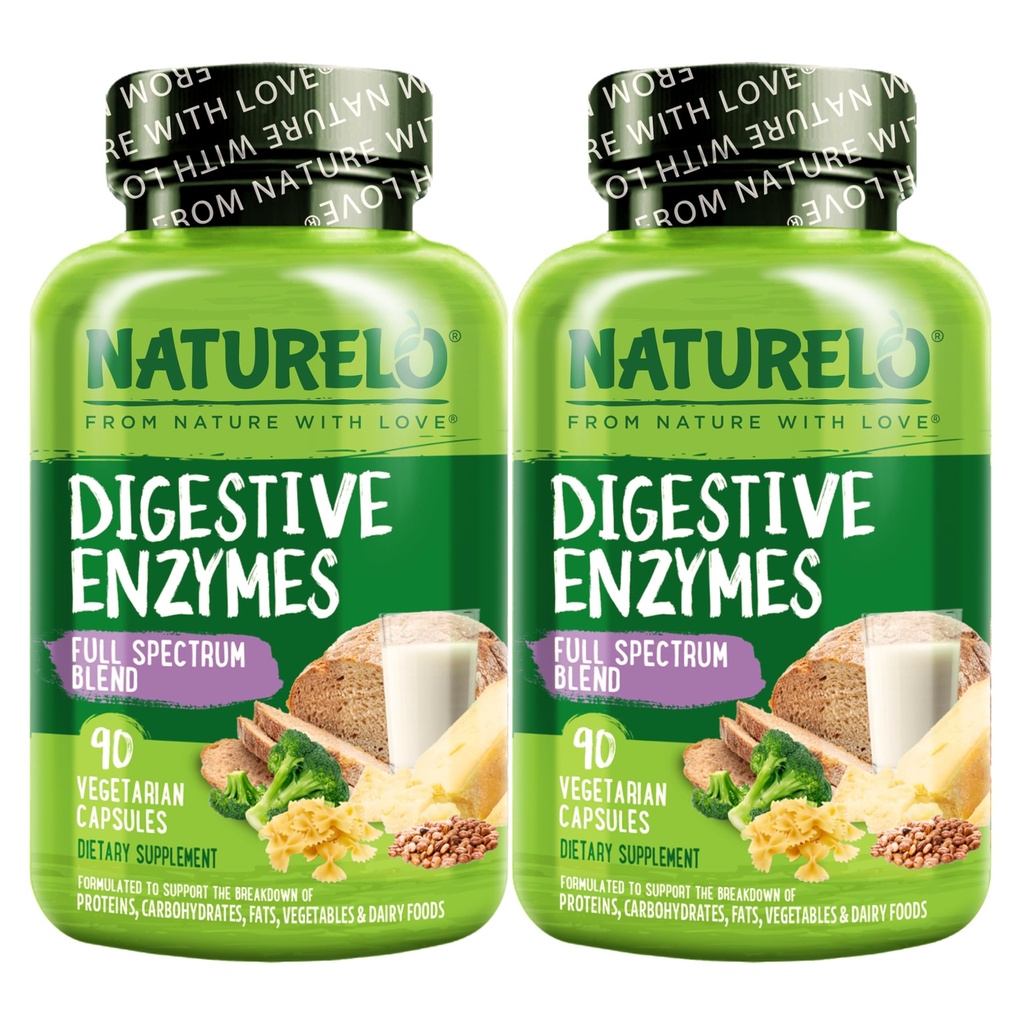 NATURELO Digestivní Enzymy - Podpora plného spektru s Broad Blend 15 Enzymy Plus Ginger - 90 Vegan Kapsle (Balení po 2)