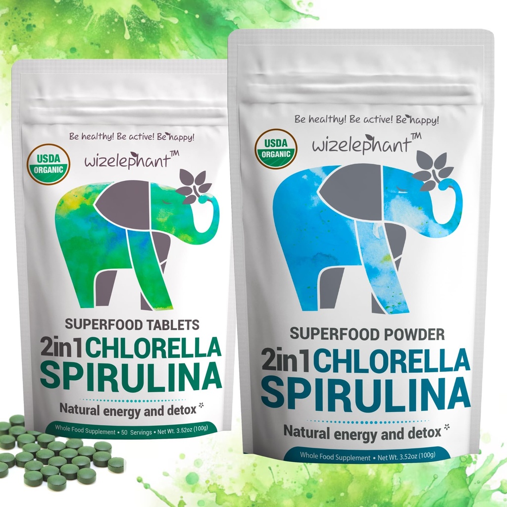 Chlorella Spirulina Powder Organic + Spirulina Chlorella Tablety CARL 124; Organic CARL 124; bohaté na chlorofyl CARL 124; Zelené Superfood Powder & Tablety Bundle