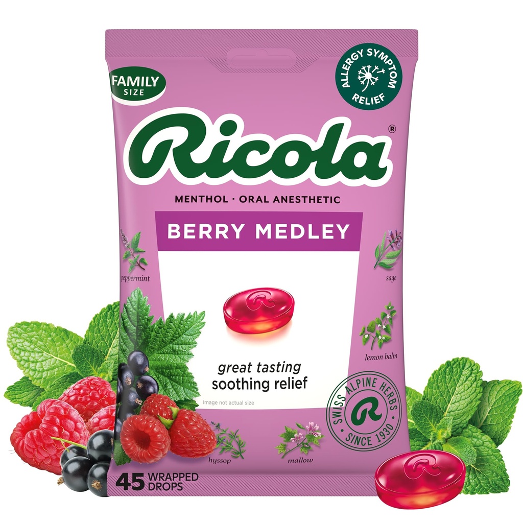 Ricola Berry Medley Krční kapky, 45 Počet, Delicious Krční pomoc & Péče, Orální anestetika, Přirozeně ochucené