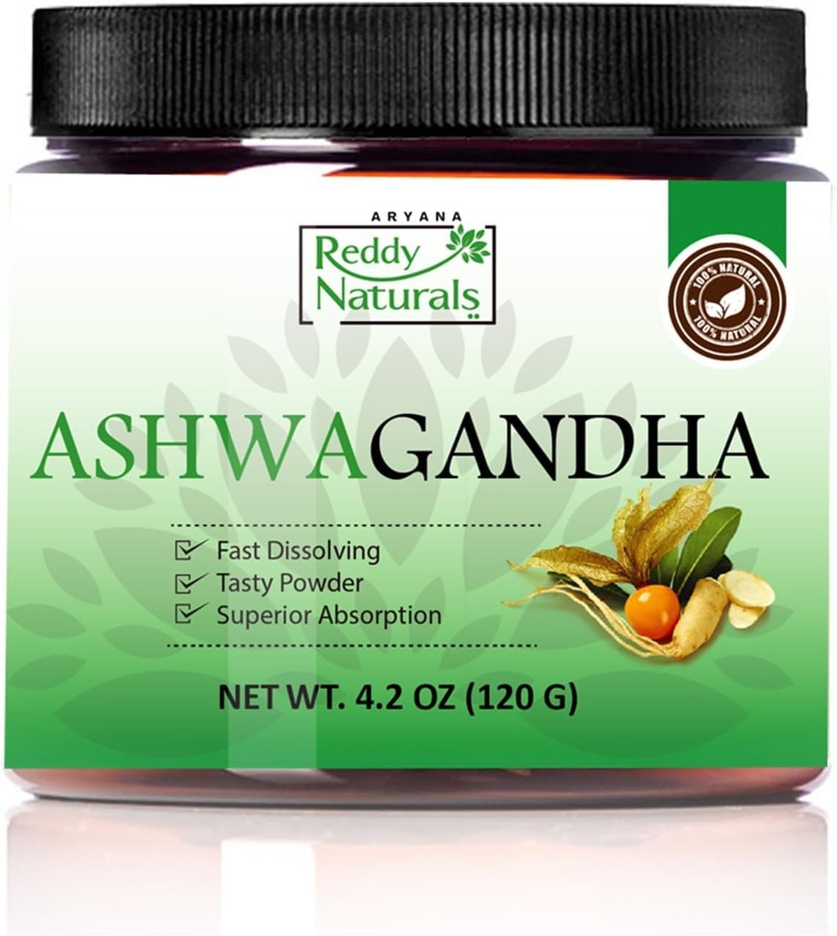 Reddy Naturals Aryana Pure Organic Ashwagandha Powder - High- Potency Root Extract with 10% Witanolides - Natural Orange Flavor for Stress & Energy Support - 4.2 OZ (120g)
