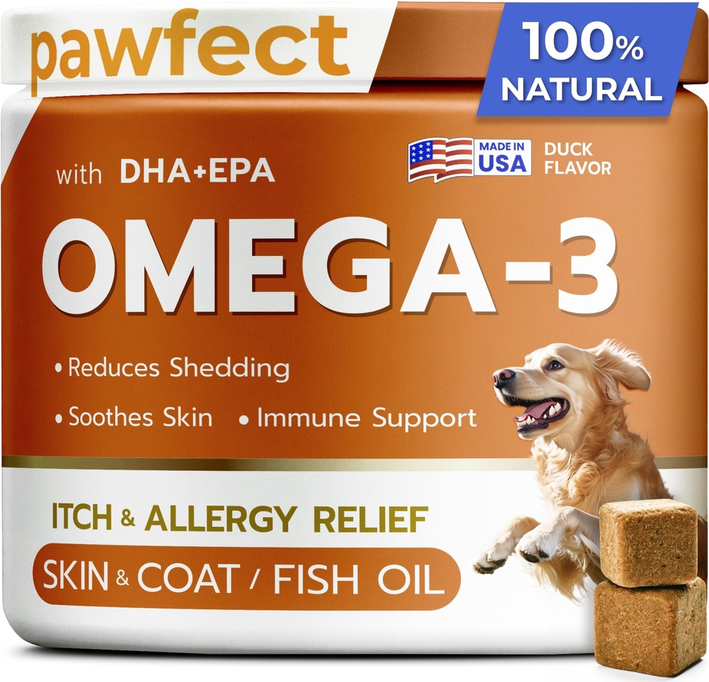 PAWFECTCHEW Fish Oil Omega 3 pro psy - Alergie Relief - Joint Health - Itch Relief, Shedding - Kůže a kabát dodatek - Aljašský losos Oil Chews - Omega 3 6 9 - EPA & DHA mastné kyseliny
