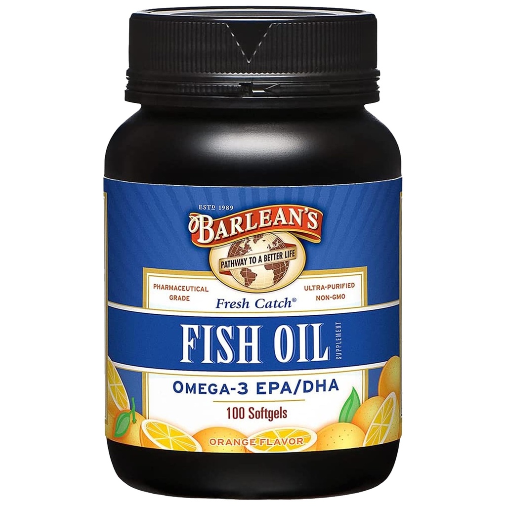Barleanovy doplňky Omega 3 Rybí olej, Příslušenství pro muže a ženy, 600mg EPA a DHA mastné kyseliny, Orange ochucené, 100 Počet
