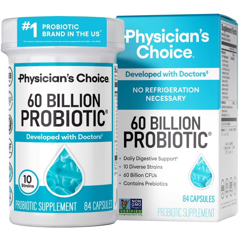 Lékařské CHOICE Probiotika 60 miliard CFU - 10 Strains + Organic Prebiotics - Imunity, Digestive & Gut Health - Podporuje příležitostnou zácpu, Průjem, Plyn & Bloating - pro ženy a muže - 84ct