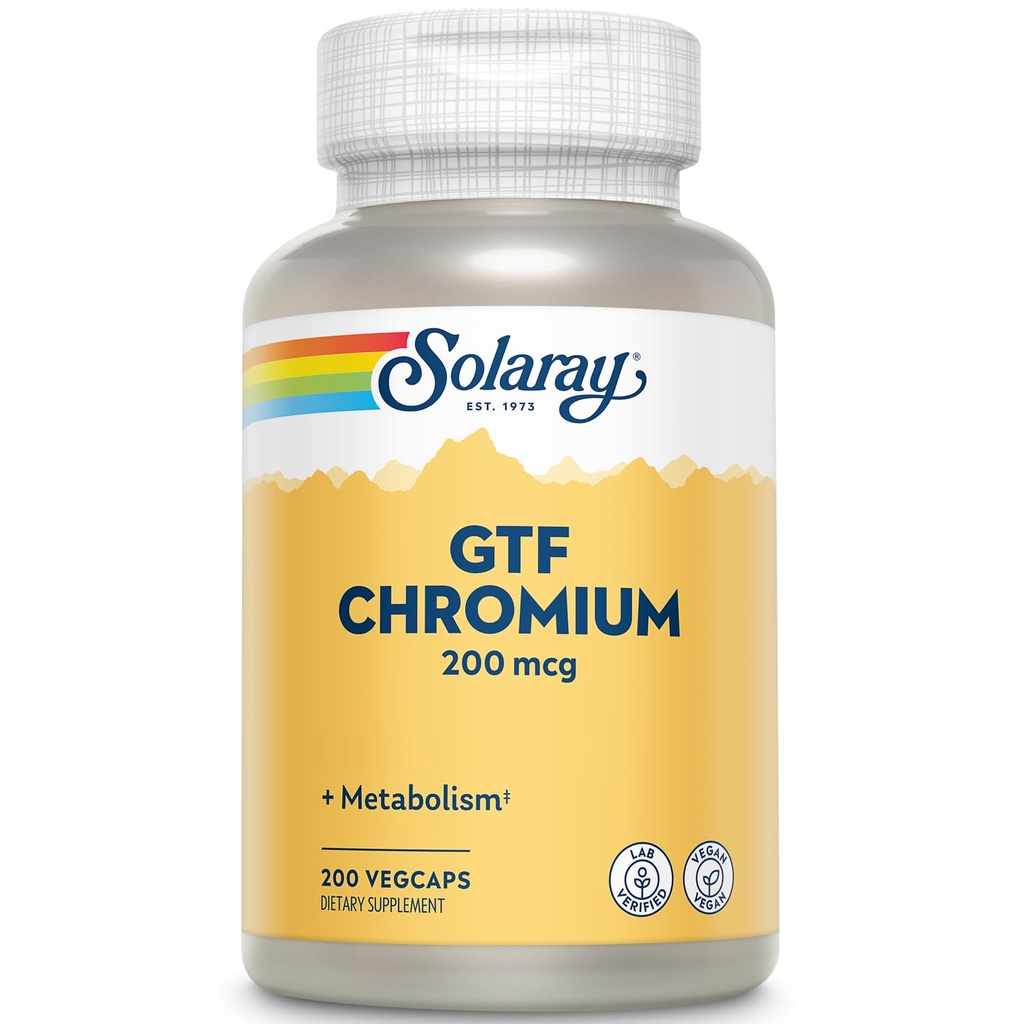 Solaray GTF Chromium 200mcg - čistý chrom GTF 200 mcg dodatek, podporuje metabolické funkce a celé tělo zdraví pro muže a ženy - 200 Veganské kapsle