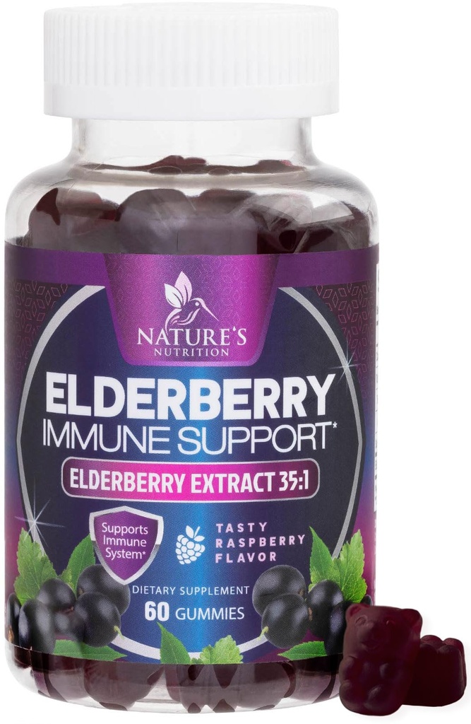 Elderberry Imunní Support Gummies - Super Koncentrovaný 35: 1 Extrakt, Ekvivalentní pro 4200mg Elderberry - Sambucus Black Elder Berry Vitamin Supplement, Denní podpora pro děti a dospělé - 60 Gumy