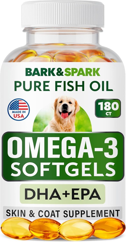 BARK & SPARK Omega 3 pro psy - 180 Fish Oil Softgels for Dog Shedding, Skin Alleries, Itch Relief, Hot Spots Treatment - Joint Health - Skin and Coat Supplement - EPA & DHA Fatty Acids - Losos Oil