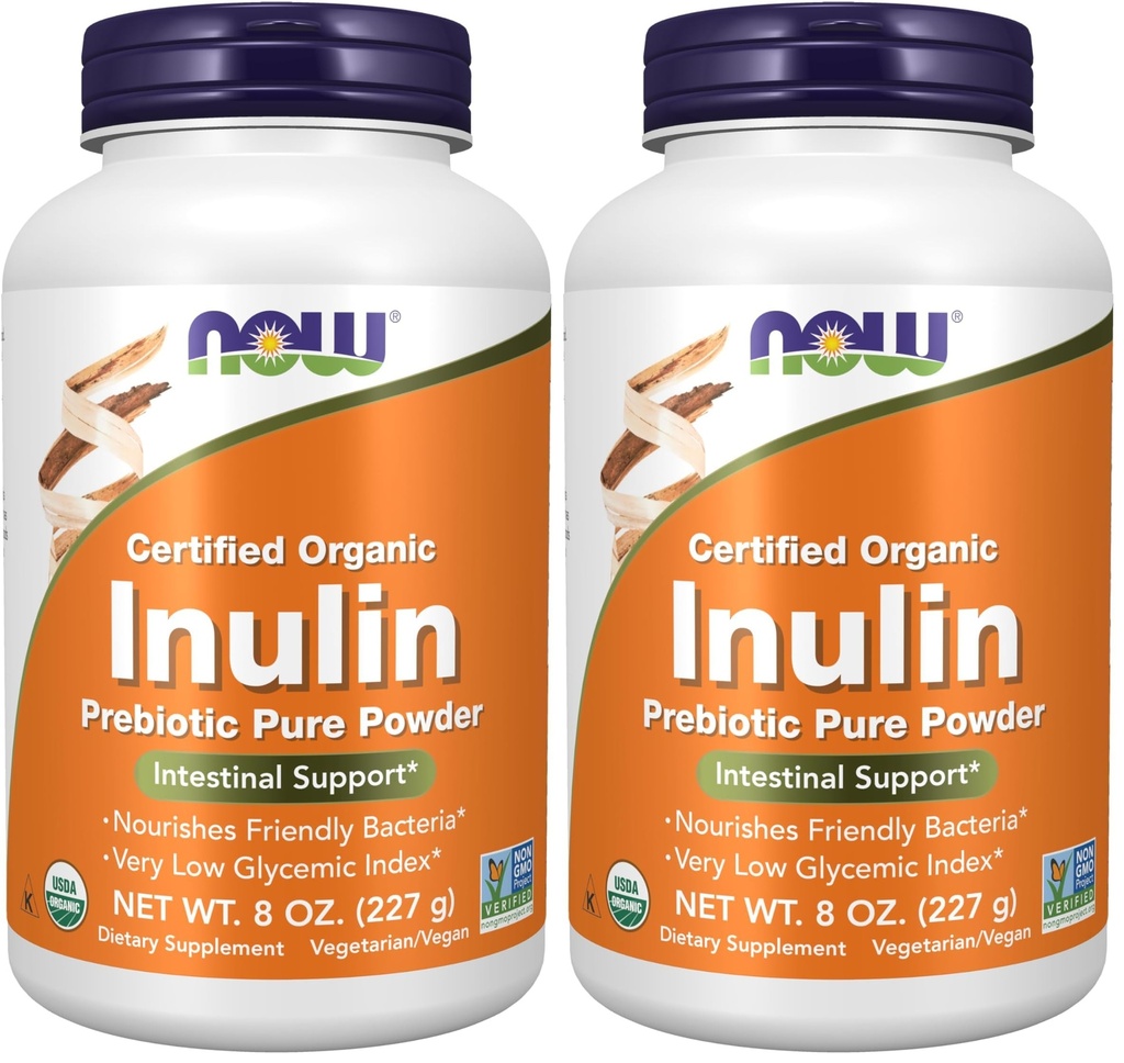 Nyní doplňky, Inulin Prebiotic Pure Powder, Certified Organic, Non- GMO projekt ověřený, střevní podpora *, 8-Ounce (balení po 2)