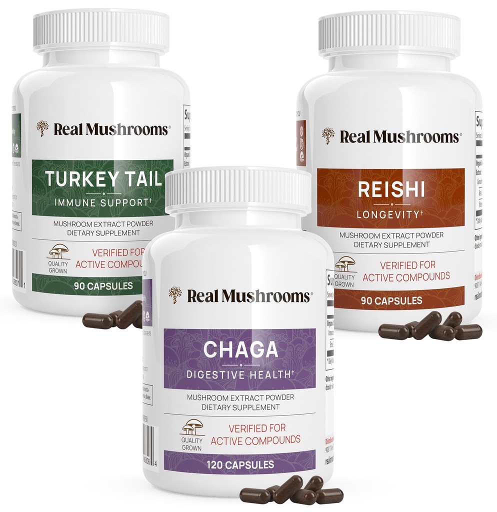 Reishi 415 Dlouhovlnné Kapsle (90ct), Turkey Tail Mushroom Extract Imunitary Support (90ct), Chaga Extract Mushroom Dodatek (120 čepice)