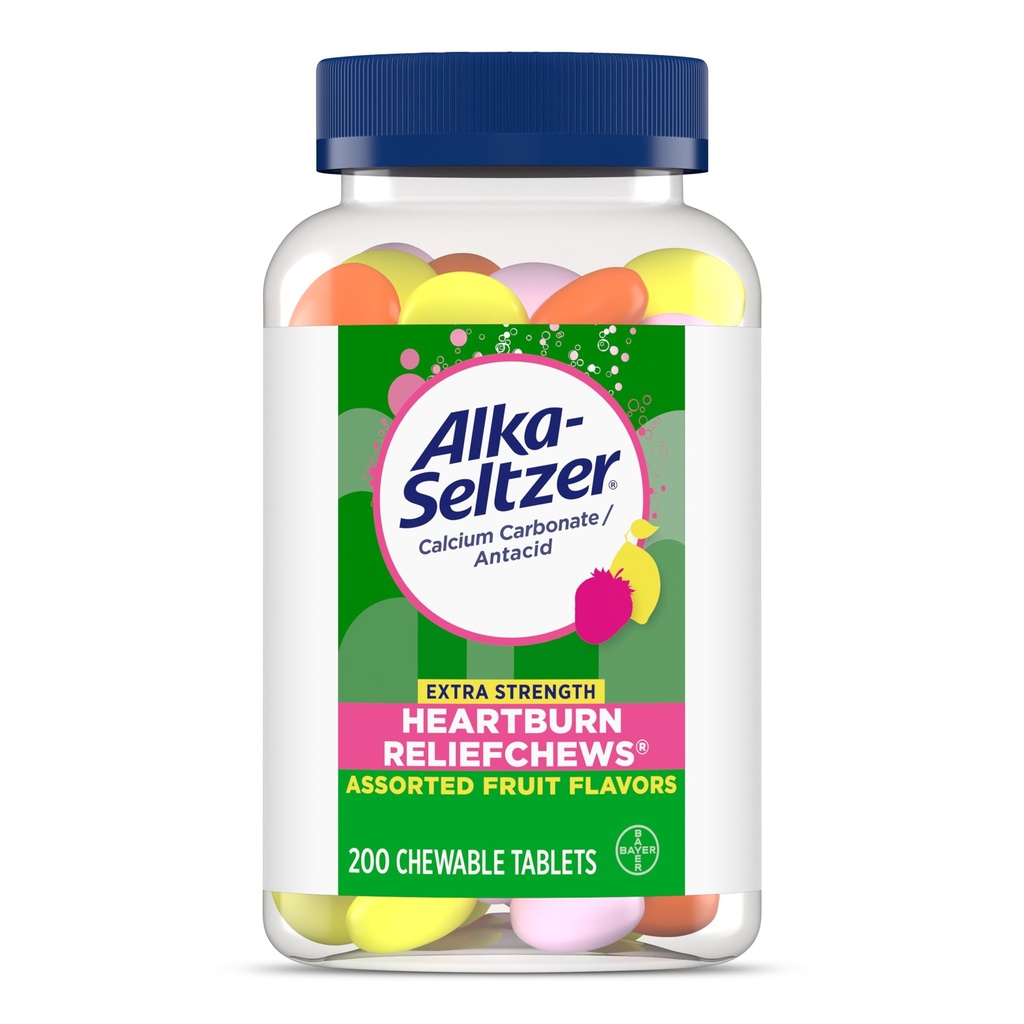 Alka- Seltzer Extra Strength Heartburn ReliefChews, Antacid pro rychlé vypalování a kyselé požití Na cestě, 200 Ct