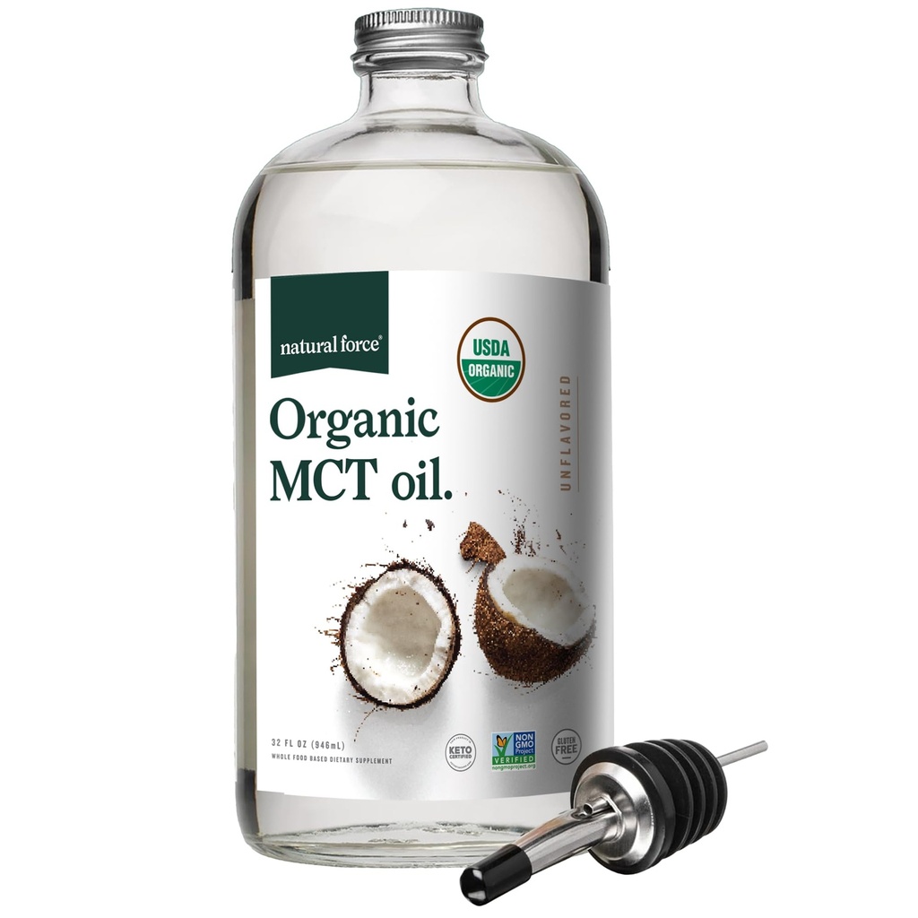 Natural Force Organic MCT Oil - Čistá skleněná láhev - Vyrobeno ze 100% Coconut Oil vylisované z chladu + Certified Keto, Paleo, Kosher, Vegan & Non- GMO - Laboratoř testována na kvalitu a čistotu - 32 Ounce