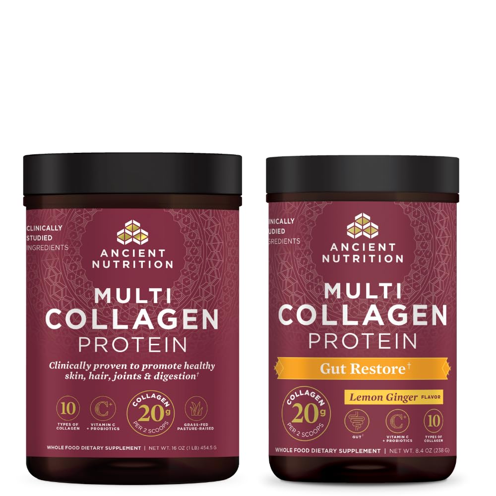 Starověké výživy Multi kolagen protein prášek, neochucené, 45 Servings + Multi kolagen protein prášek, Gut obnova, 20 Servings