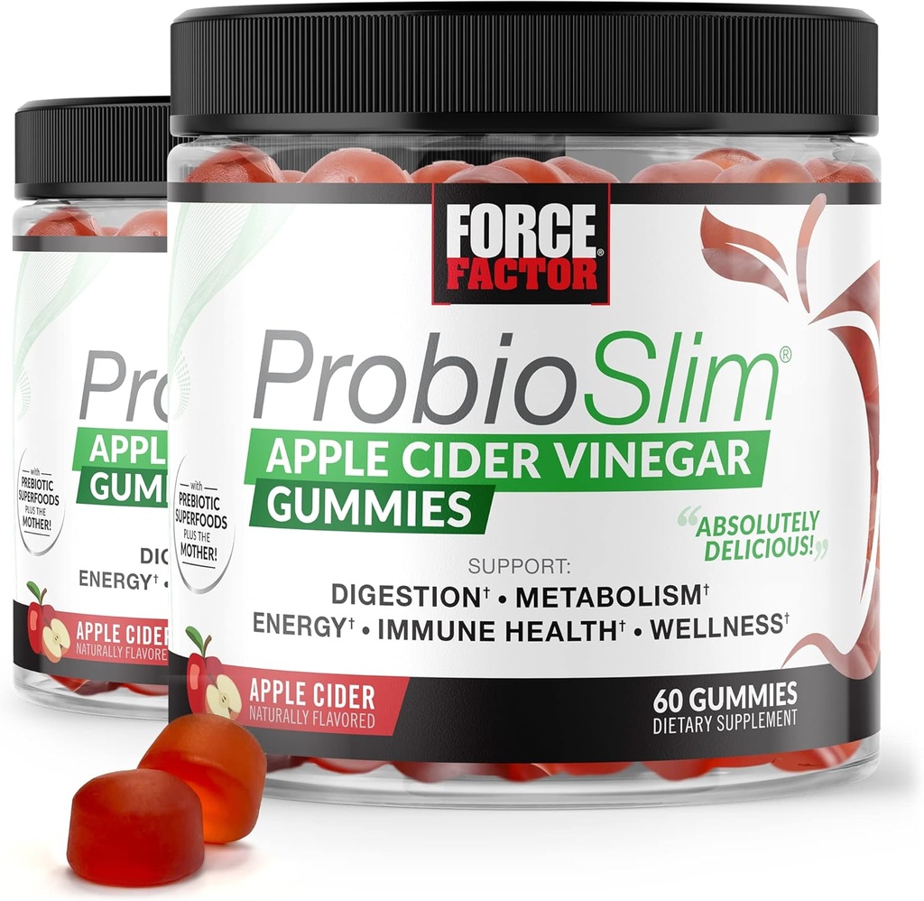 FORCE FACTOR ProbioSlim Apple Cider Ocet gumy, 2-Pack, s organickým jablečným octem Cider a LactoSpore Probiotika a Prebiotika na podporu trávení, metabolismus, a imunitní zdraví, 120 Gumy