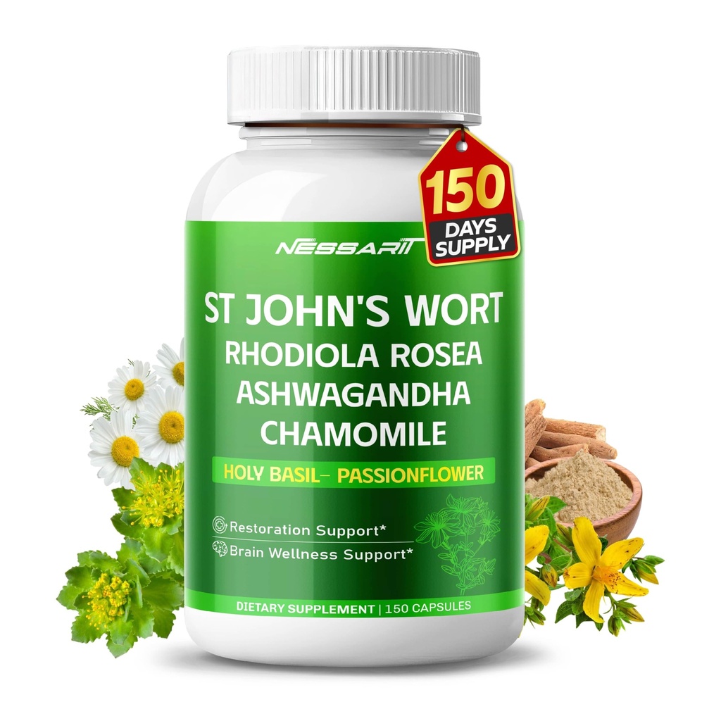 ST John 's Wort 14- in-1 Natural Blend with Rhoddiola Ashwagandha Heamomile Holy Basil L- Theanine Valerian Passionflower - 150 Hrabě - Made & Tested in The USA