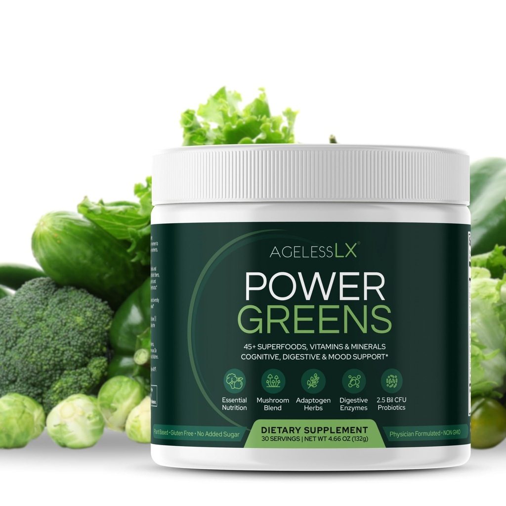 AgelessLX Power Green, 42 Superfoods s probiotiky, enzymy, a Prebiotic Fiber pro vylepšenou energii, imunita a stravovací zdraví, 30 Služeb