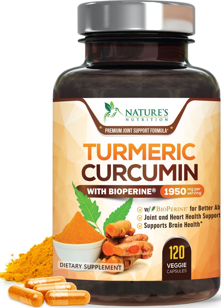 Kurkumin dodatek 1950mg - 95% Kurkuminoidy s organickou kurkumou & BioPerine Black Pepper Extract pro nejlepší absorpci, Nature 's Vegan Joint Support, Non- GMO, Lahvička v USA - 120 Kapsle
