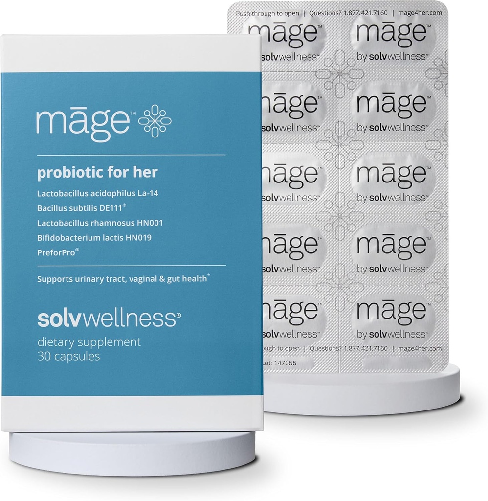 Solv Wellness Māge Probiotic for Her, Daily Women 's Prebiotic and Probiotics Blend Nutritional Supplementary for Digestive, Vaginální PH Balance, Podpora zdraví při močení, 30 Kapsle