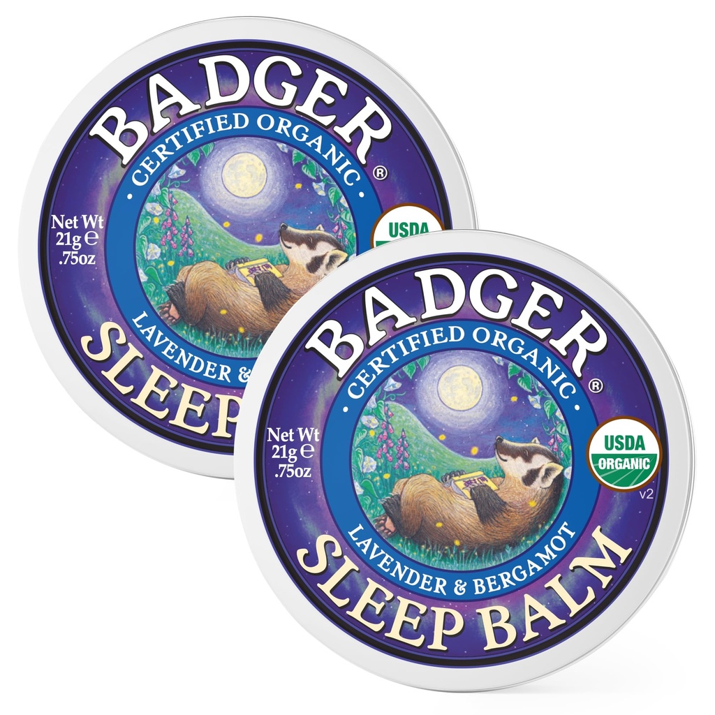 Badger Sleep Balm, Organic Essential Oil Aromatherapy Natural Sleep Ball pro dospělé a děti, Relaxing & Calming Lavender & Bergamot Natural Sleep Support, .75 oz Tin, 2-Pack