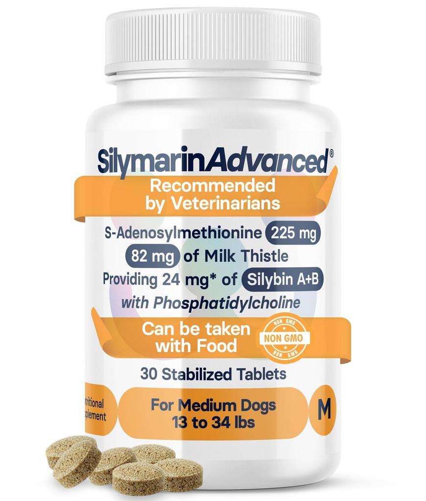 Doplněk pro zdraví jater pro střední psy - Mléko Thistle pro psy Podpora jater s S- Adenosylmethionin (stejné) & Silybin - 30 Tablety