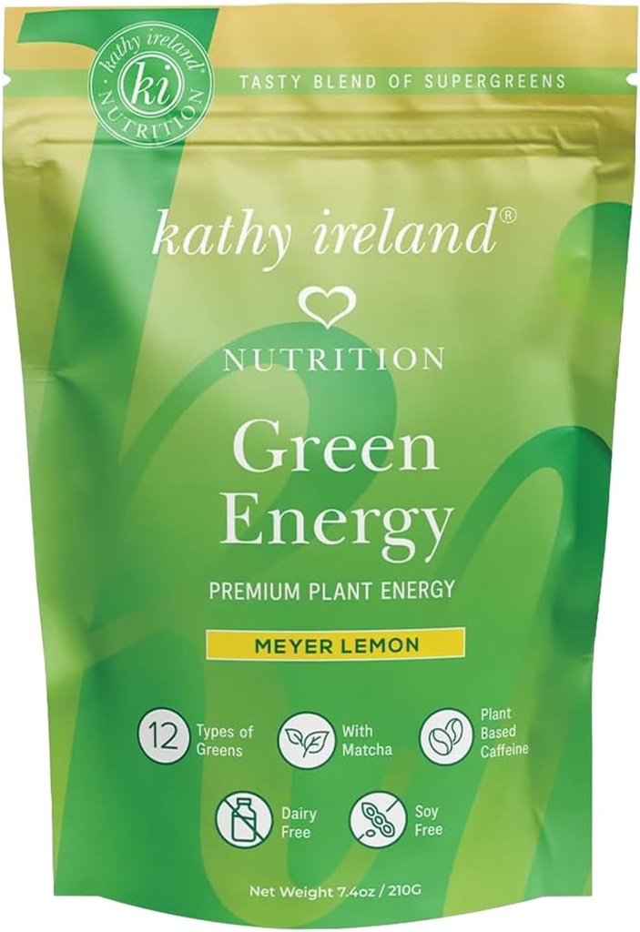 Kathy Irsko Super Green Energy Powder, Clean Energy Drink Mix s Matcha & Green Tea, Imunity & Digestive Supplement, No Add Sugar, Meyer Lemon Flavor, 7.4 oz
