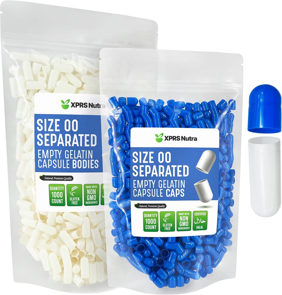 XPRS Nutra Separated Capsules Size 00- 1000 Count Empty Želatina Kapsle Separated in Bags - Premium Empty 00 Pills for DIY Supplement Filling (Blue / White)