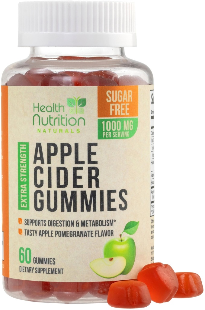 Jablečné octové žvýkačky 1000mg - Max Strength Sugar Free ACV Gummy Vitamíny, Podporuje metabolismus & Energy, Keto Friendly, Vitamin B12, Gelatin- Free, Gluten- Free, Vegan & Non- GMO - 60 Gumy