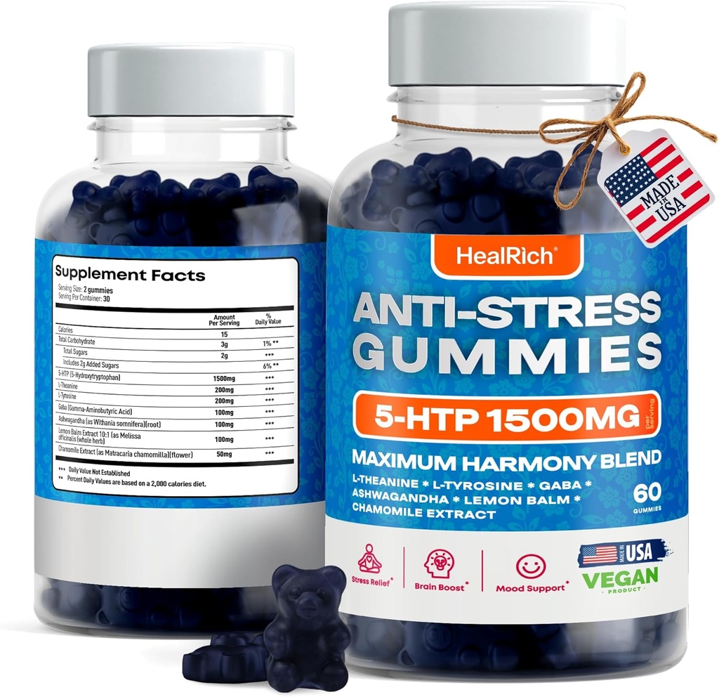 Stres Relief Gummies - 1500MG 5HTP s L-Theanine Gaba & L-Tyrosin - Ashwagandha Bylinný dodatek Podporuje duševní bdělost Vegan Mood Boost doplňky pro děti a dospělé Vyrobeno v USA